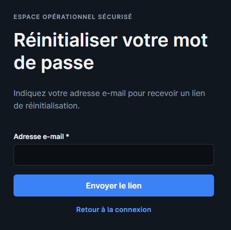Formulaire de réinitialisation du mot de passe LORENY avec adresse e-mail et bouton Envoyer le lien.