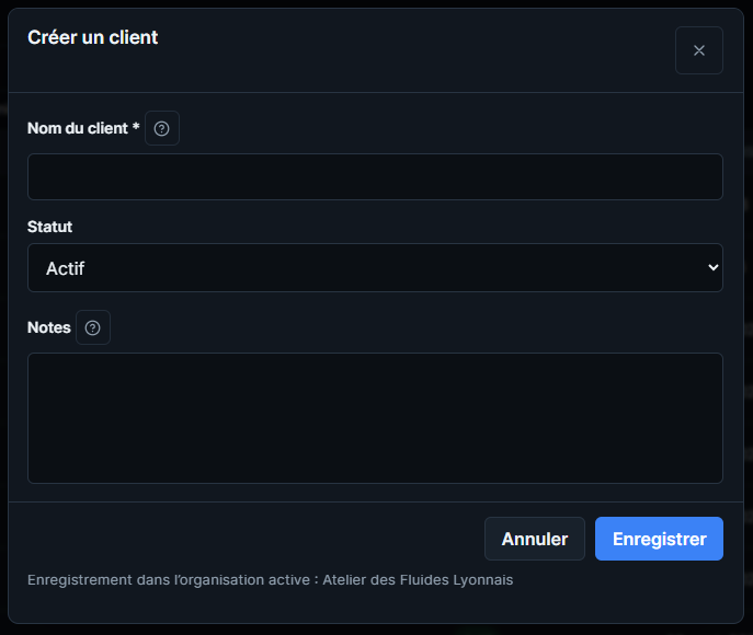 Formulaire Créer un client dans LORENY avec les champs Nom du client, Statut et Notes.