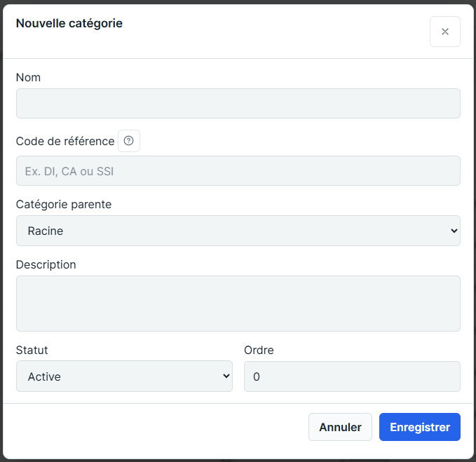 Formulaire de création d’une catégorie BPU.