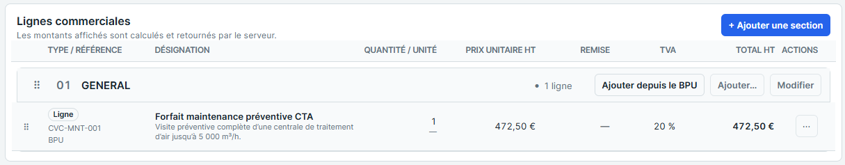 Lignes commerciales d’une section de devis avec un ouvrage BPU.